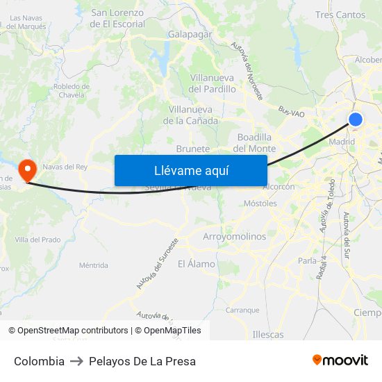 Colombia to Pelayos De La Presa map