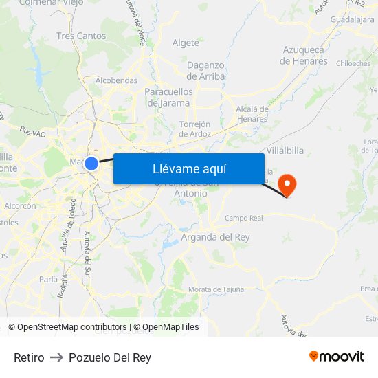 Retiro to Pozuelo Del Rey map