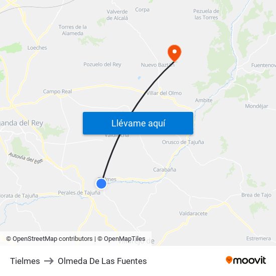 Tielmes to Olmeda De Las Fuentes map