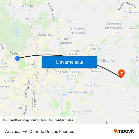 Aravaca to Olmeda De Las Fuentes map