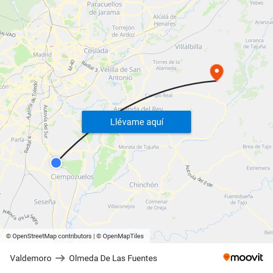 Valdemoro to Olmeda De Las Fuentes map