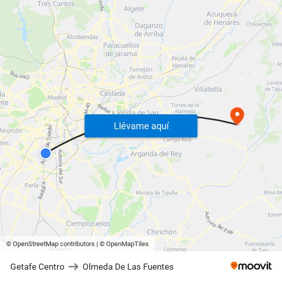 Getafe Centro to Olmeda De Las Fuentes map