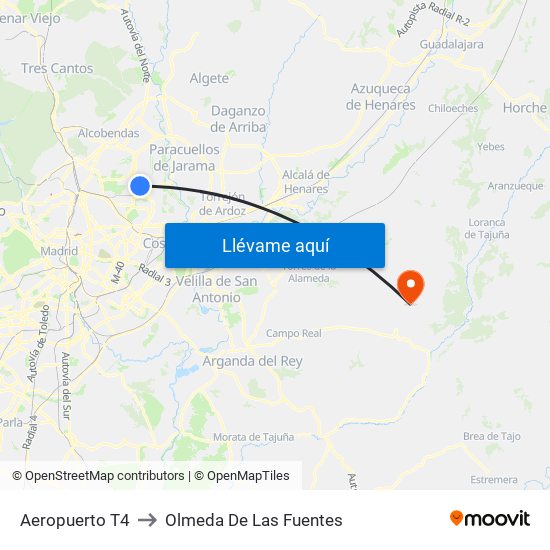Aeropuerto T4 to Olmeda De Las Fuentes map