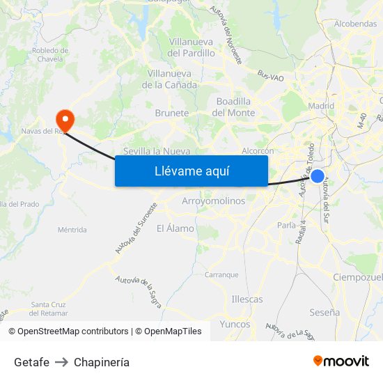 Getafe to Chapinería map