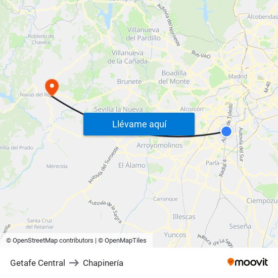 Getafe Central to Chapinería map