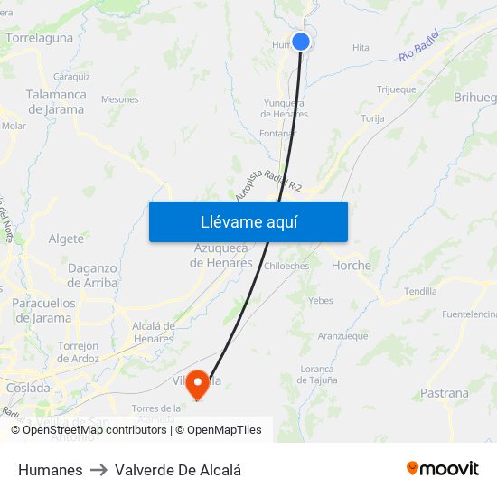 Humanes to Valverde De Alcalá map