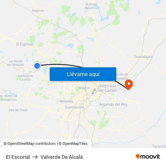 El Escorial to Valverde De Alcalá map