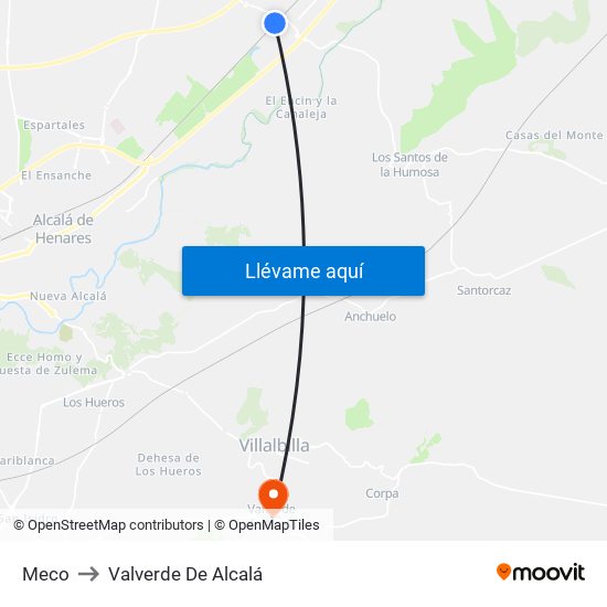 Meco to Valverde De Alcalá map