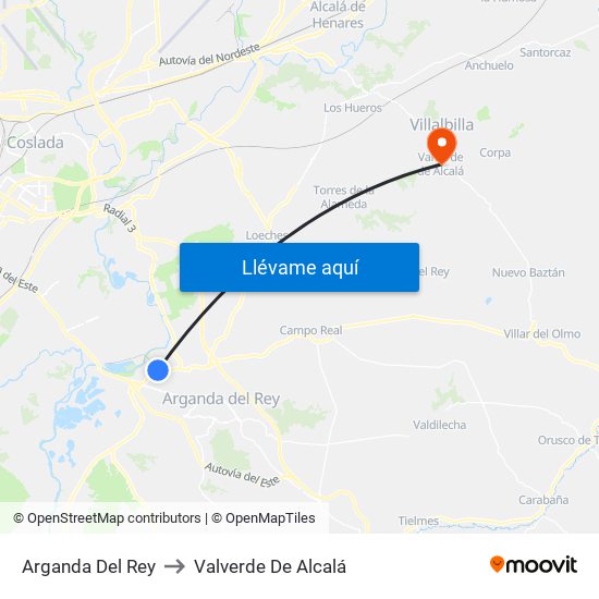 Arganda Del Rey to Valverde De Alcalá map