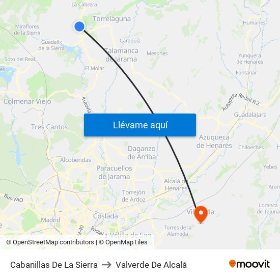 Cabanillas De La Sierra to Valverde De Alcalá map