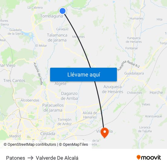 Patones to Valverde De Alcalá map