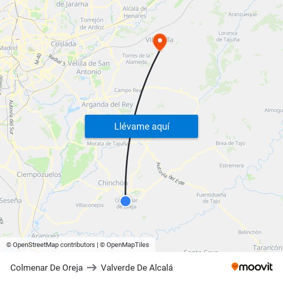 Colmenar De Oreja to Valverde De Alcalá map