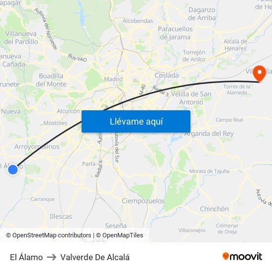 El Álamo to Valverde De Alcalá map