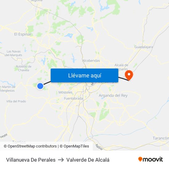 Villanueva De Perales to Valverde De Alcalá map