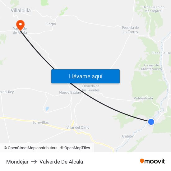 Mondéjar to Valverde De Alcalá map