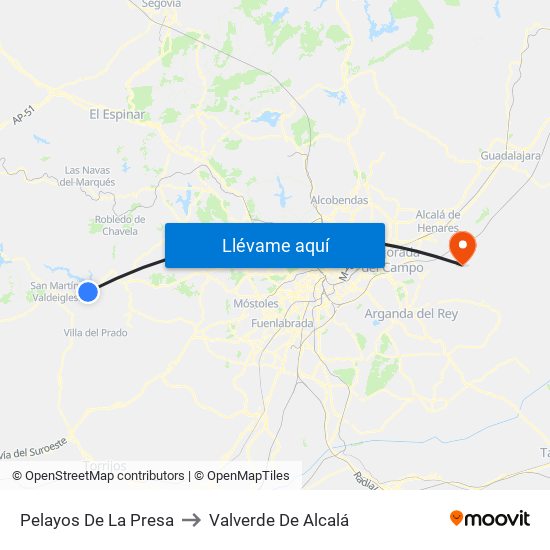 Pelayos De La Presa to Valverde De Alcalá map