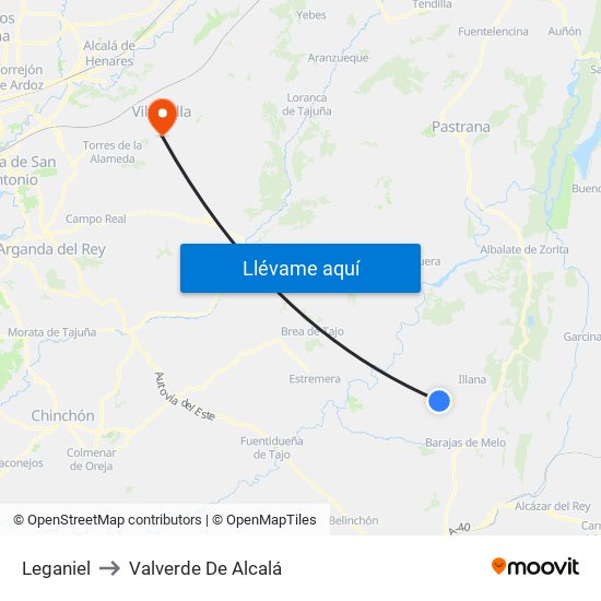 Leganiel to Valverde De Alcalá map