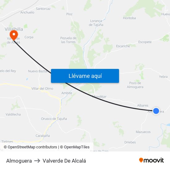Almoguera to Valverde De Alcalá map