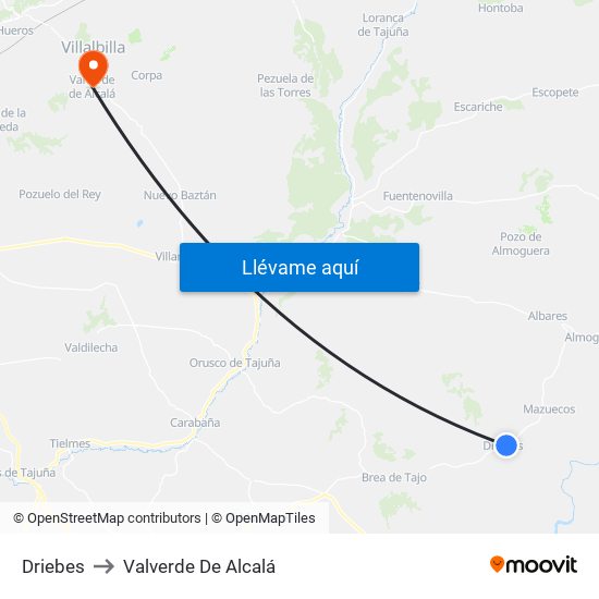 Driebes to Valverde De Alcalá map