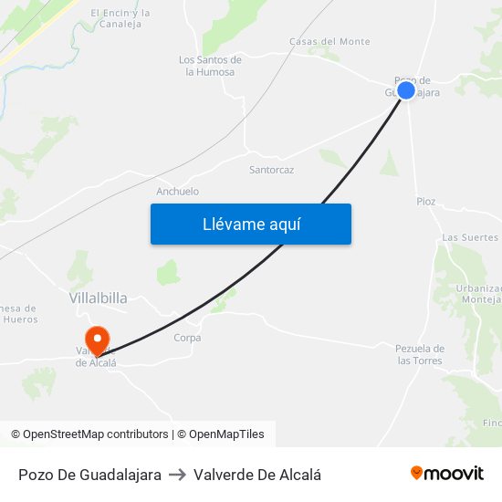Pozo De Guadalajara to Valverde De Alcalá map