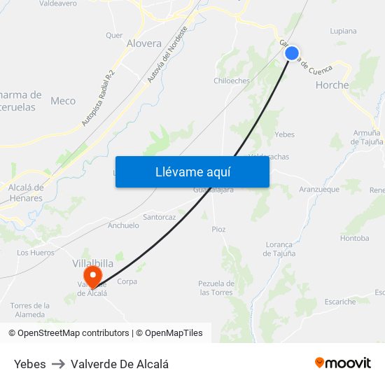 Yebes to Valverde De Alcalá map