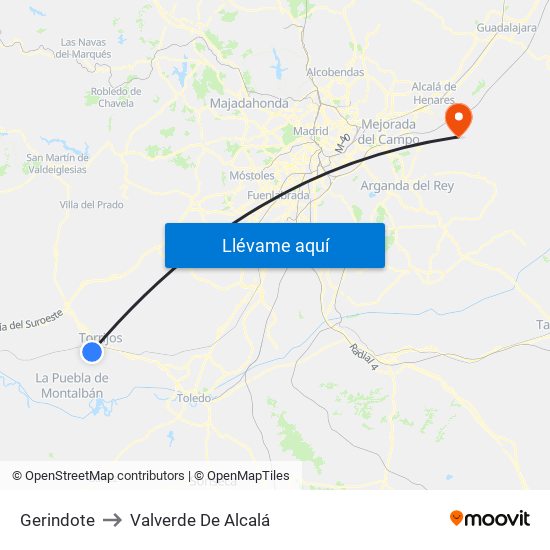 Gerindote to Valverde De Alcalá map