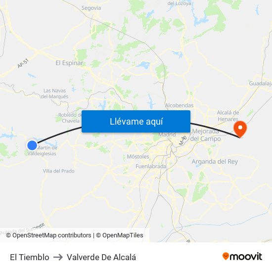 El Tiemblo to Valverde De Alcalá map