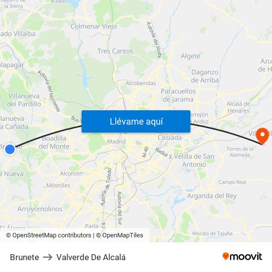 Brunete to Valverde De Alcalá map