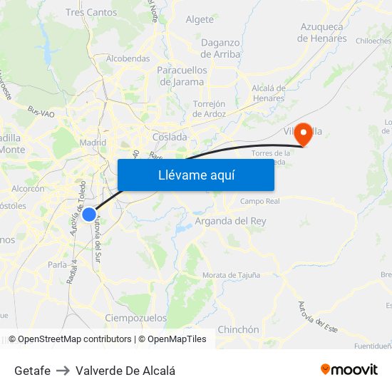 Getafe to Valverde De Alcalá map