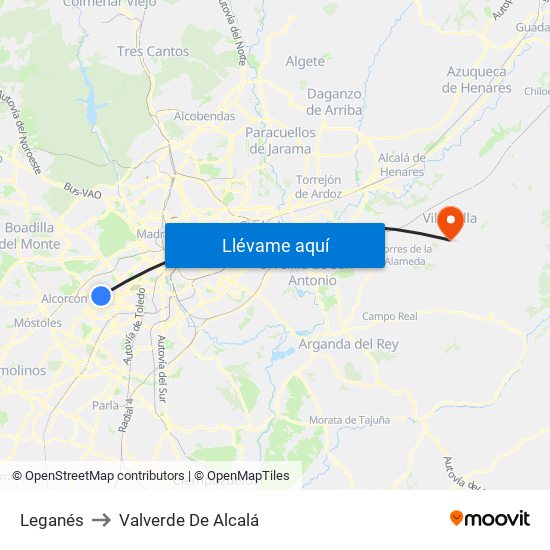 Leganés to Valverde De Alcalá map