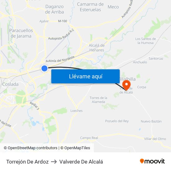 Torrejón De Ardoz to Valverde De Alcalá map