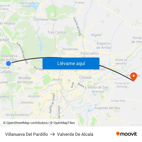 Villanueva Del Pardillo to Valverde De Alcalá map
