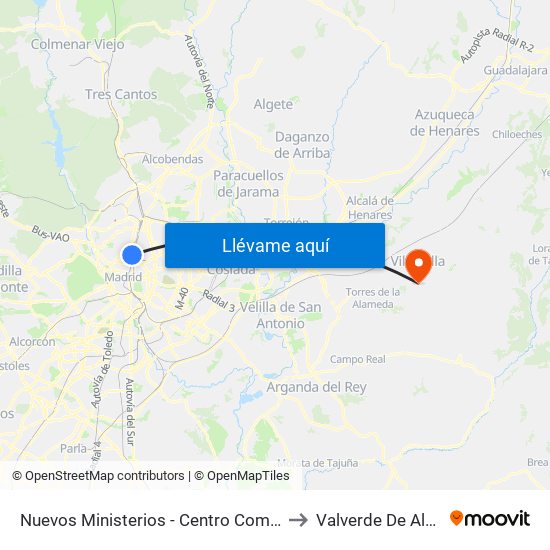 Nuevos Ministerios - Centro Comercial to Valverde De Alcalá map