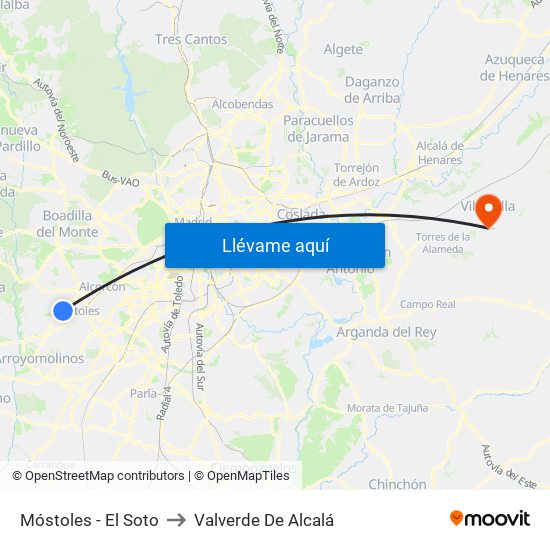 Móstoles - El Soto to Valverde De Alcalá map
