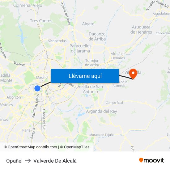 Opañel to Valverde De Alcalá map