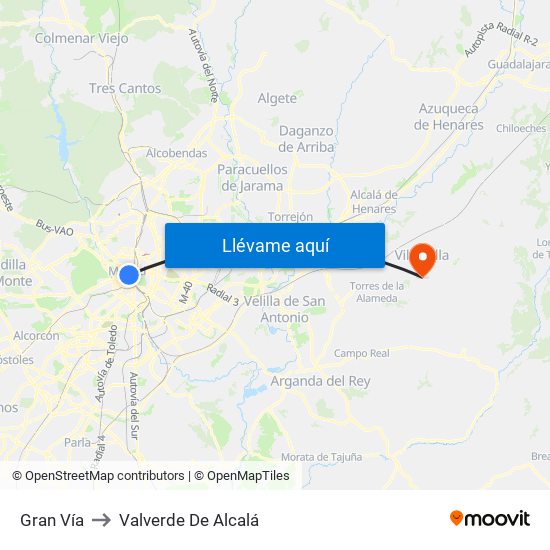 Gran Vía to Valverde De Alcalá map