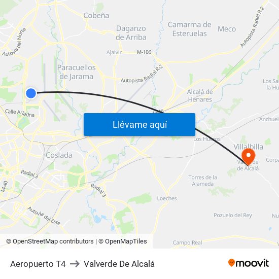 Aeropuerto T4 to Valverde De Alcalá map