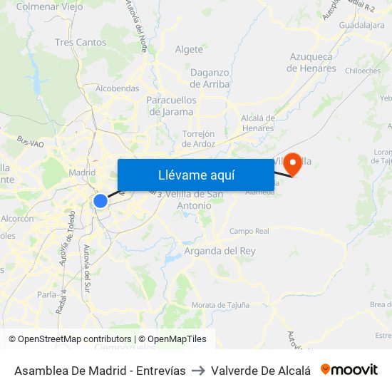 Asamblea De Madrid - Entrevías to Valverde De Alcalá map