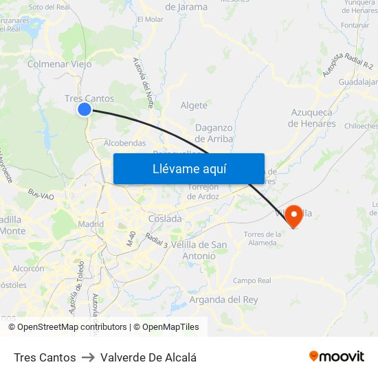 Tres Cantos to Valverde De Alcalá map
