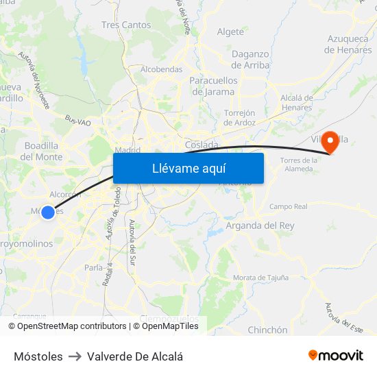 Móstoles to Valverde De Alcalá map