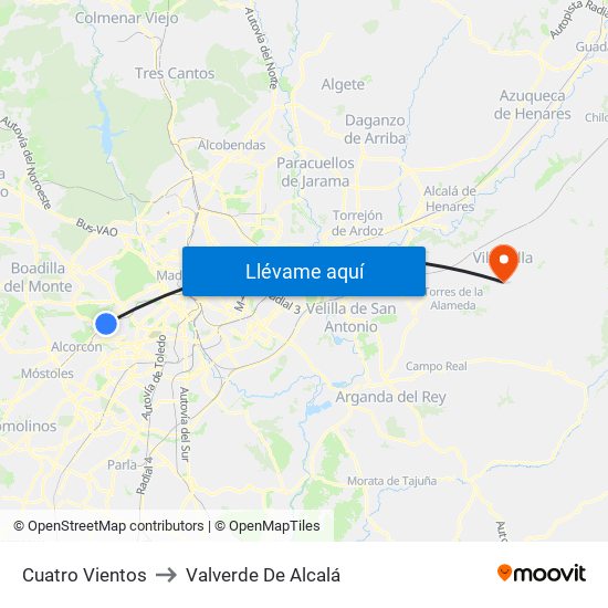 Cuatro Vientos to Valverde De Alcalá map