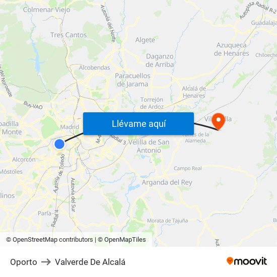 Oporto to Valverde De Alcalá map