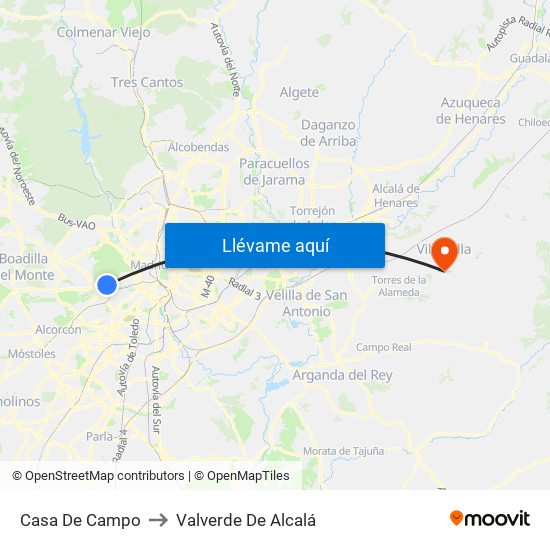 Casa De Campo to Valverde De Alcalá map