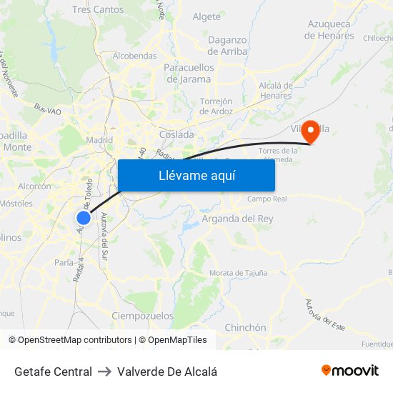 Getafe Central to Valverde De Alcalá map