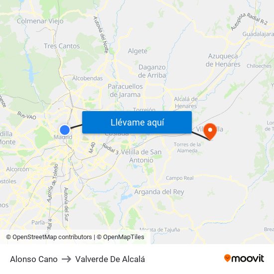 Alonso Cano to Valverde De Alcalá map