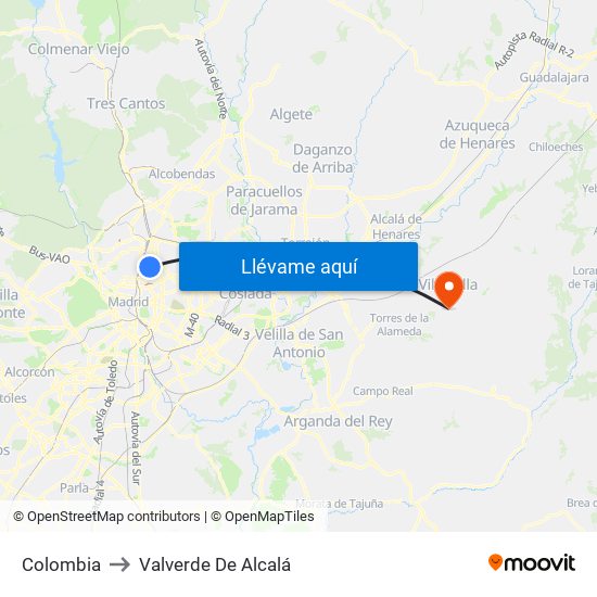 Colombia to Valverde De Alcalá map