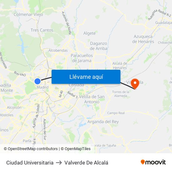 Ciudad Universitaria to Valverde De Alcalá map