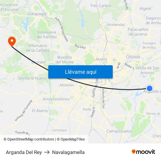 Arganda Del Rey to Navalagamella map
