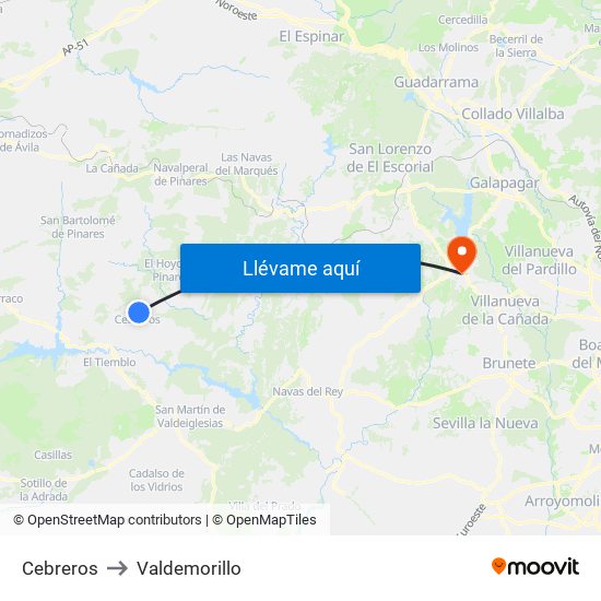 Cebreros to Valdemorillo map