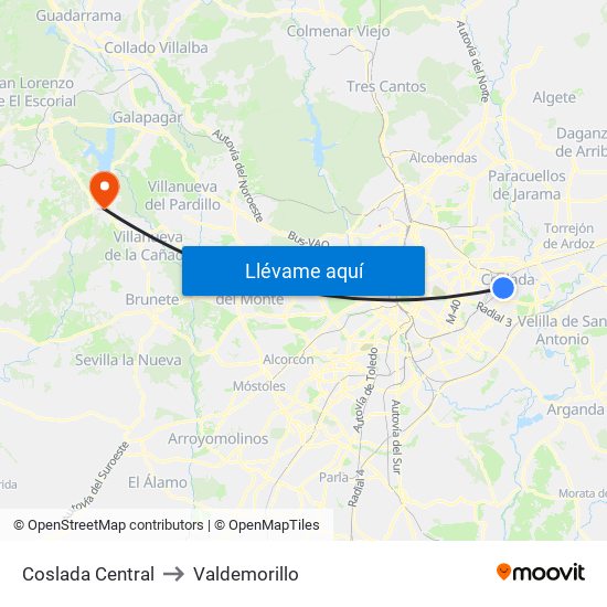 Coslada Central to Valdemorillo map